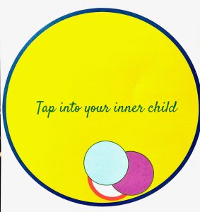 Large yellow circle with text, "Tap into your inner child" with some smaller circles within larger one. re-connect 