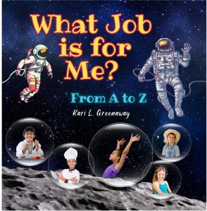What job is for me? From A to Z Front cover- two astronauts with a space theme and different occupations being shown within different space bubbles